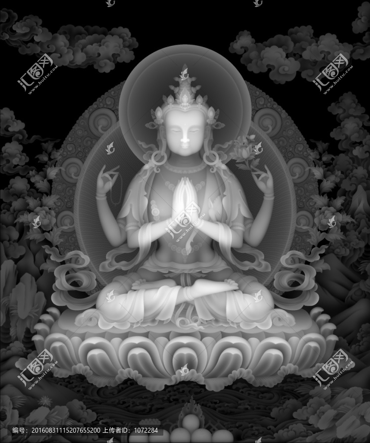 藏式精雕圖灰度唐卡四壁觀音全圖