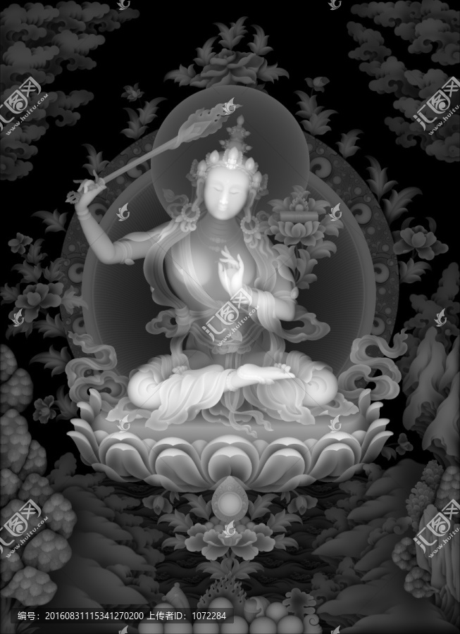 藏式精雕圖唐卡灰度圖文殊菩薩