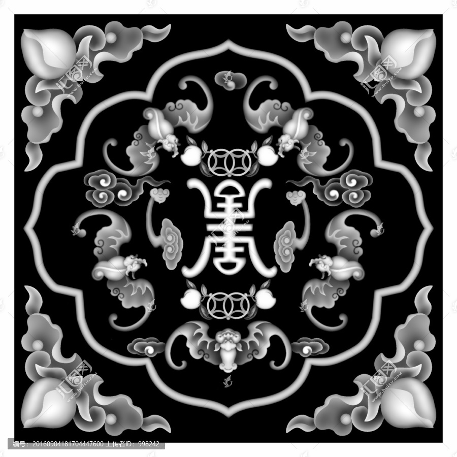 蝙蝠壽字桃子砂巖石雕磚雕灰度圖