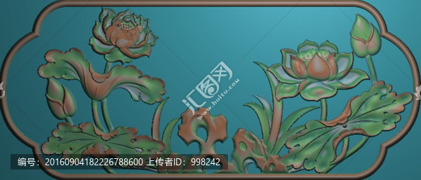 荷花抽斗圍板精雕圖