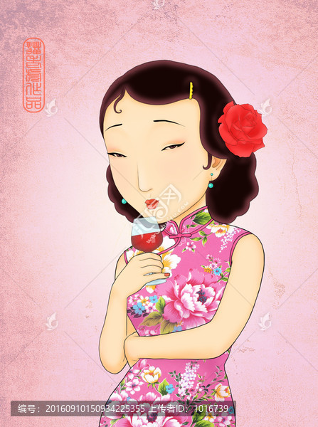 旗袍美女品酒工筆畫裝飾畫PSD