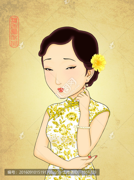 古風(fēng)旗袍美女工筆畫裝飾畫PSD