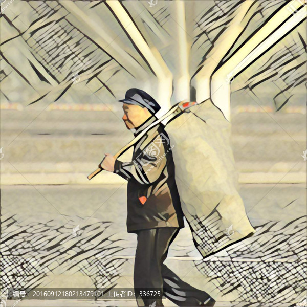 無框畫,扛著蛇皮口袋的老人