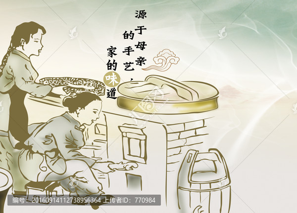 高清手繪廚房燒飯背景墻壁畫