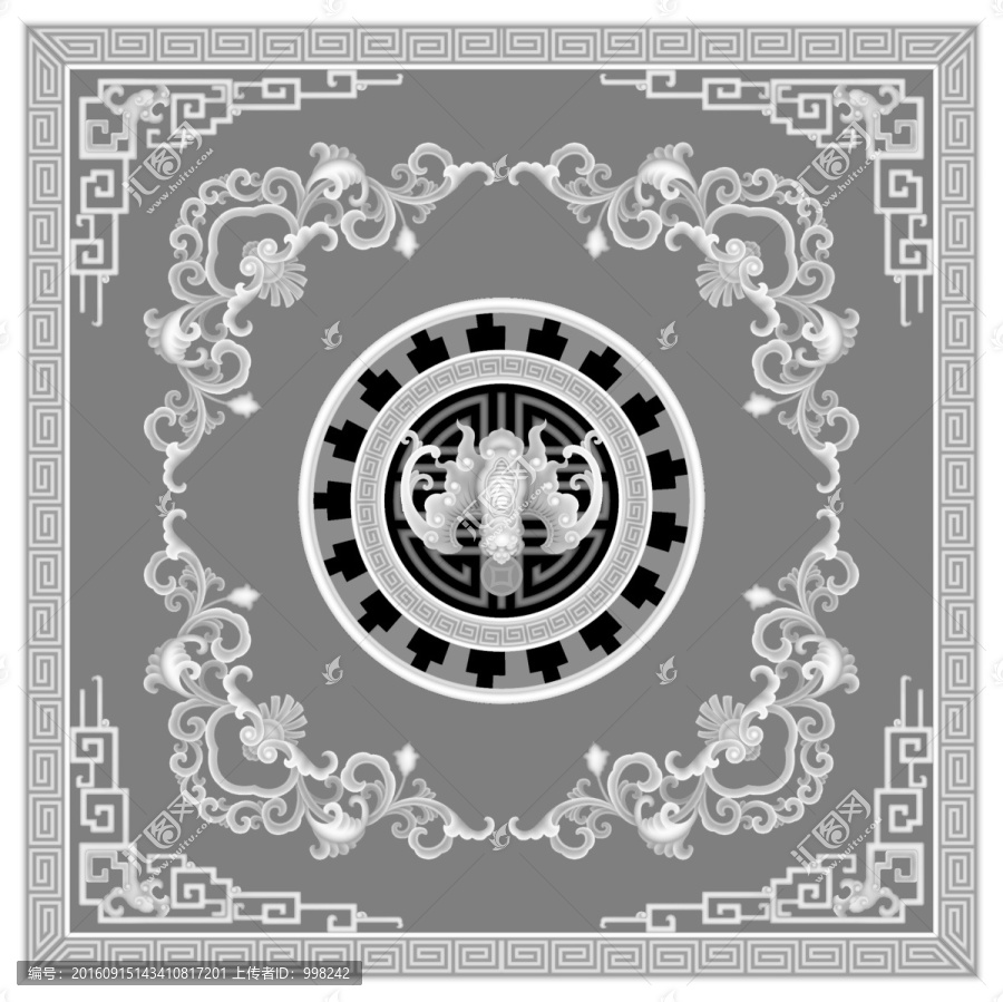 洋花邊框角花蝙蝠圓盤(pán)灰度圖