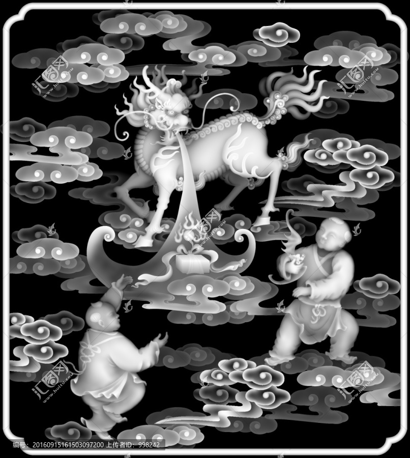 麒麟送子童子祥云灰度圖