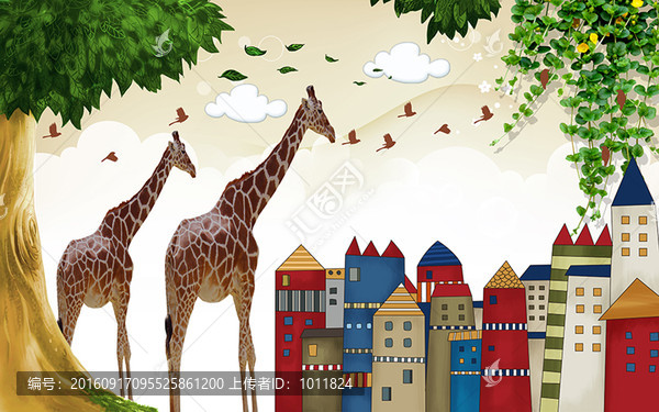 卡通房長(zhǎng)頸鹿兒童背景