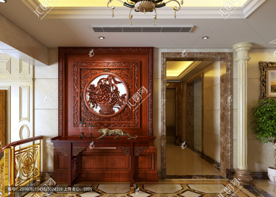 中式雕花實木屏風端景