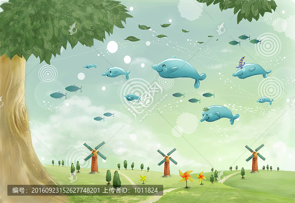 夢幻海豚水彩畫兒童房背景