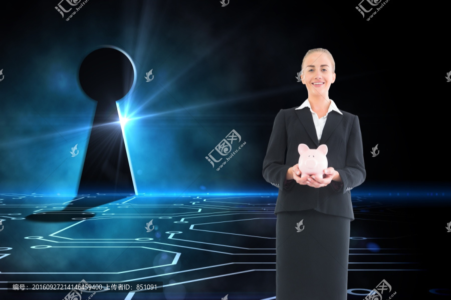 金發(fā)女商人抱著存錢罐的復(fù)合圖像