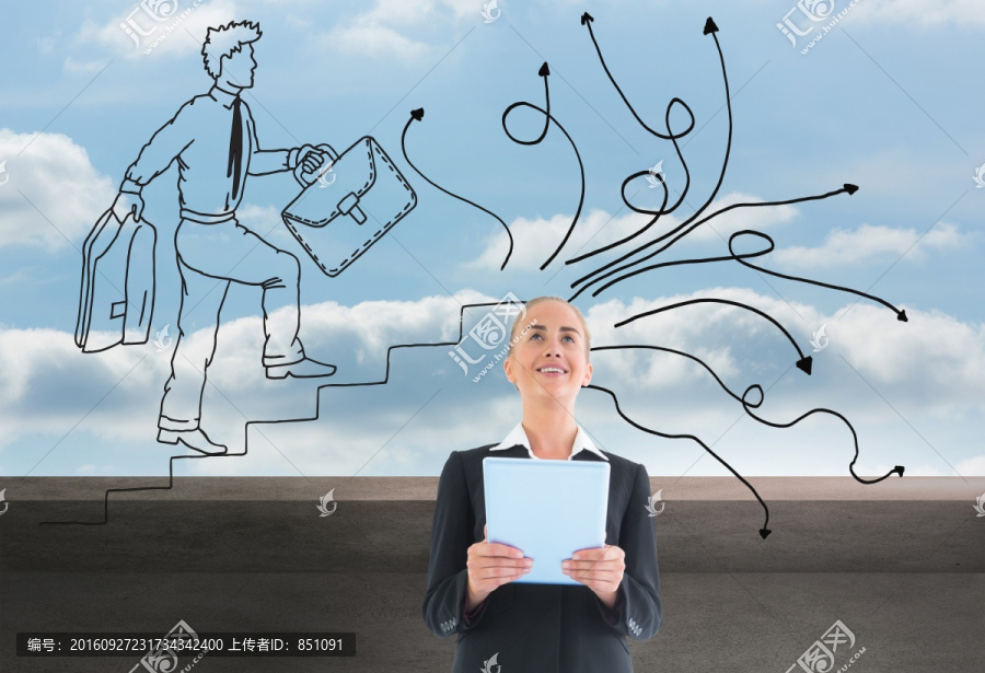 金發(fā)女商人持平板電腦的復合形象