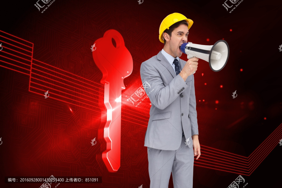 建筑師拿著擴音器的復(fù)合形象