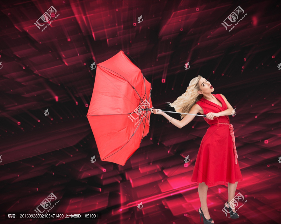 金發(fā)美女拿著紅傘的復(fù)合形象