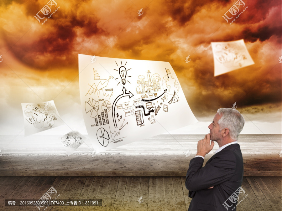 商人托著下巴思考的復(fù)合形象