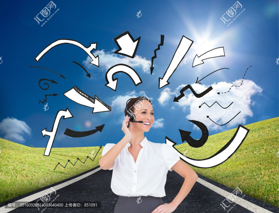女商人戴著耳機的復合形象