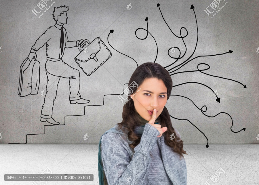 女商人做著禁聲手勢的復合形象