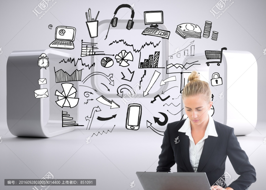 女商人使用筆記本電腦的復合形象