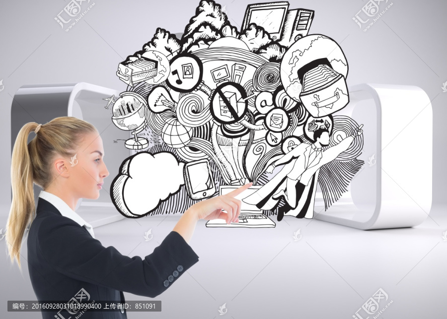 金發(fā)女商人指著復(fù)合圖像