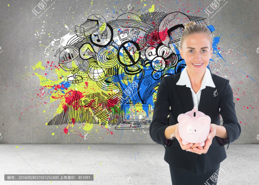 金發(fā)女商人抱著存錢罐的復(fù)合圖像