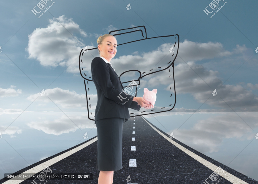 女商人抱著存錢(qián)罐的復(fù)合圖像