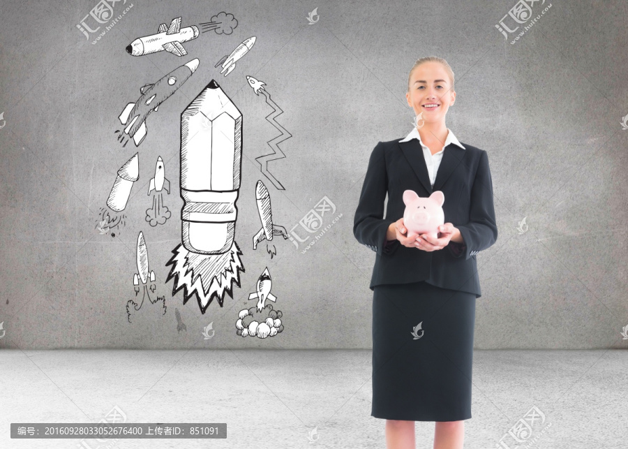 金發(fā)女商人抱著存錢罐的復(fù)合圖像