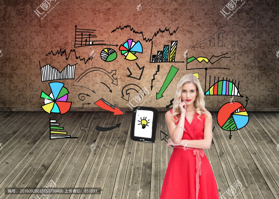 金發(fā)美女托著下巴思考的復(fù)合形象