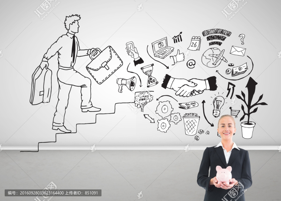 金發(fā)女商人抱著存錢罐的復合圖像