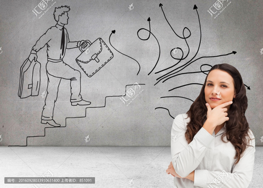女人托著下巴思考的復(fù)合形象