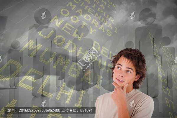 男人托著下巴思考的復(fù)合形象