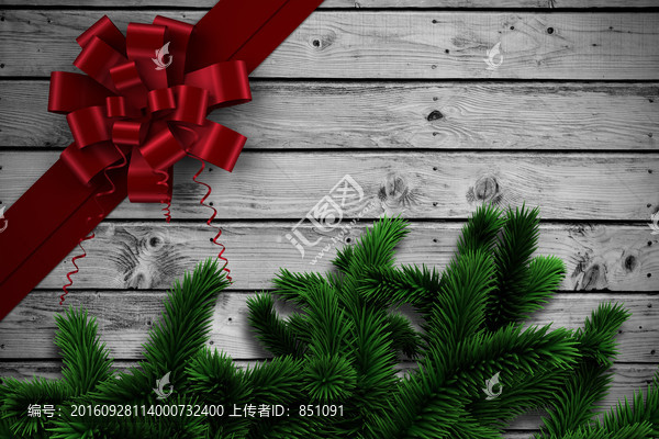 杉木树枝和红色的圣诞丝带