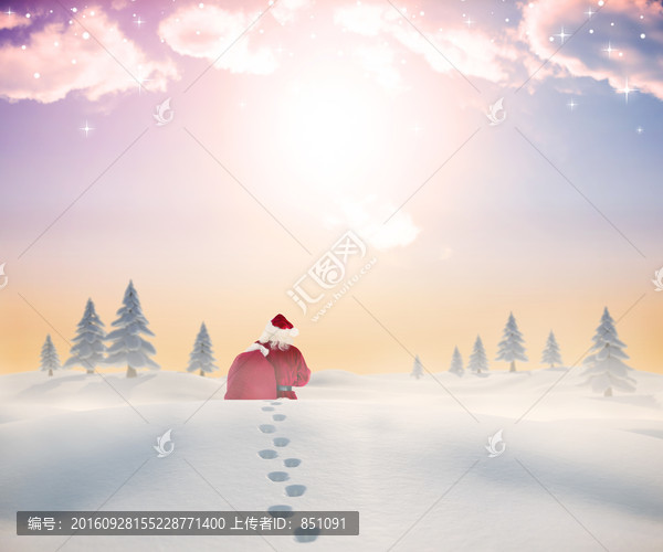 圣誕老人在雪地里行走的復(fù)合形象
