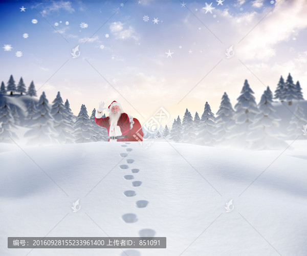 圣誕老人在雪地里行走的復(fù)合形象