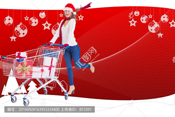 女人推著購(gòu)物車的復(fù)合形象