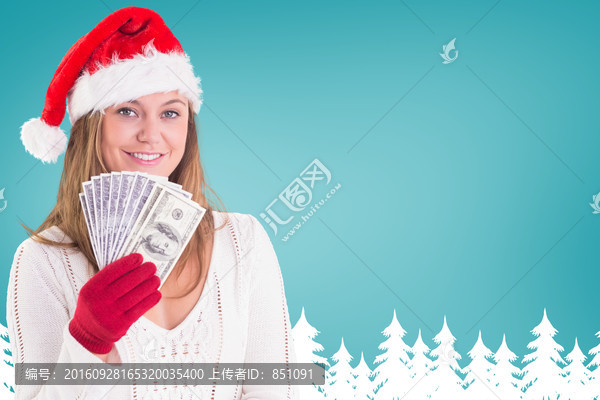 女人微笑著拿著紙幣的復(fù)合形象