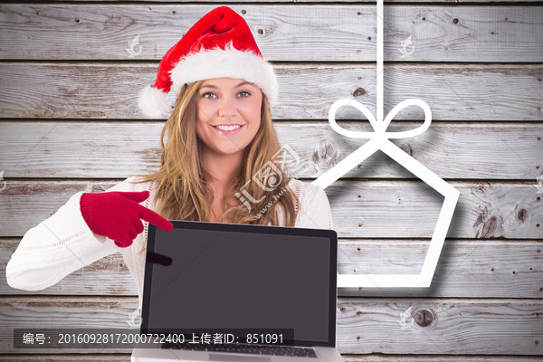 女人指著筆記本電腦的復(fù)合形象