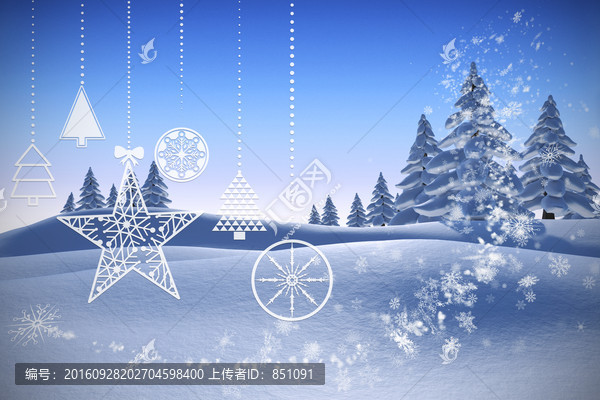冷杉樹雪景中懸掛圣誕裝飾