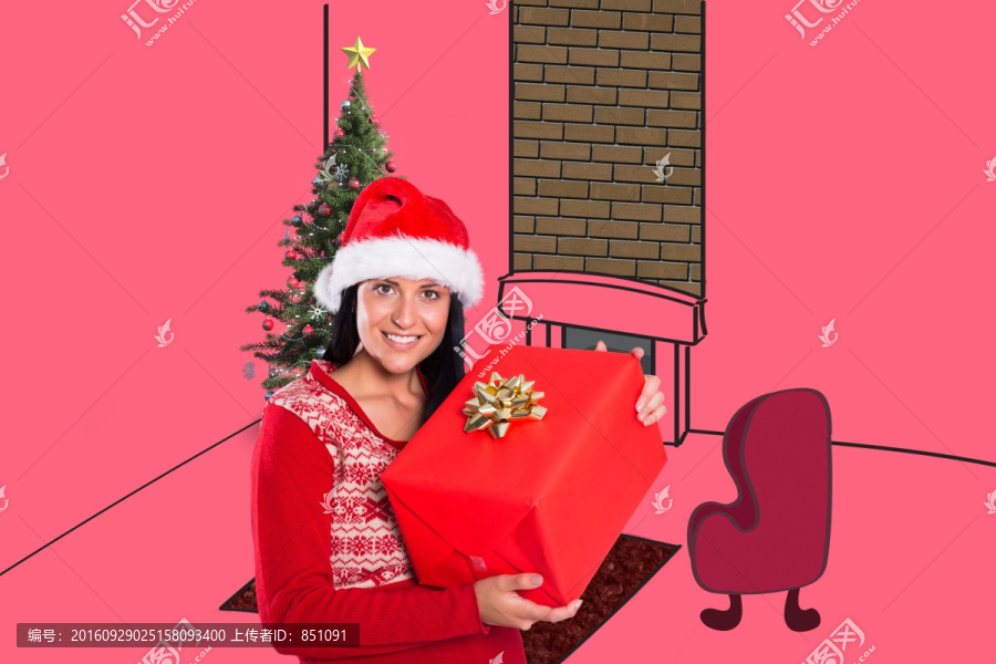 黑發(fā)美女抱著紅色圣誕禮物