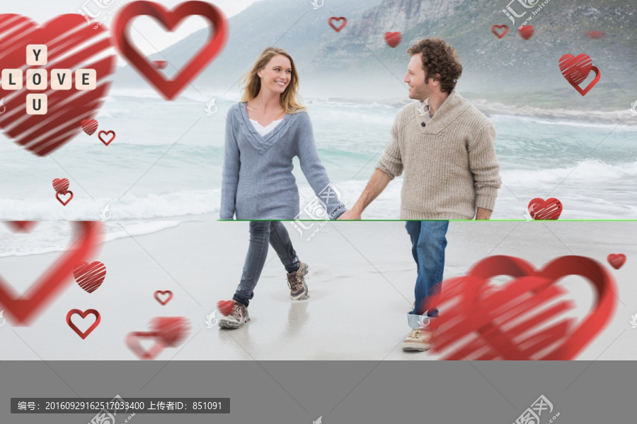 夫妇拉着手在海边散步的复合形象