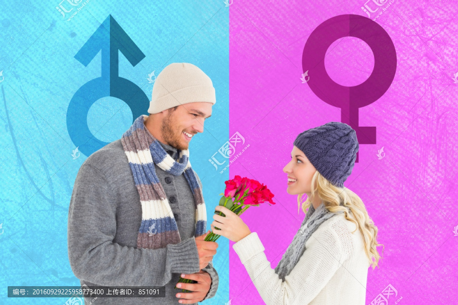 男人微笑著送花給女人的復(fù)合形象