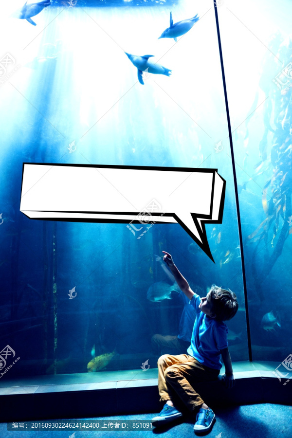 指著水族館里的魚的男孩