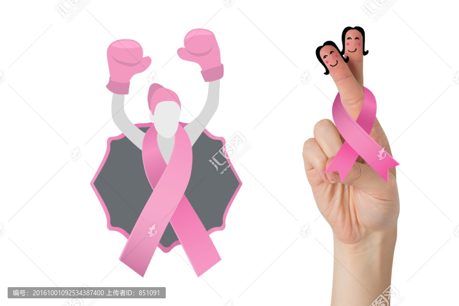 粉紅色乳腺癌意識絲帶和交叉手指