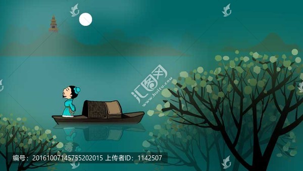 古代文人江上小船月亮景