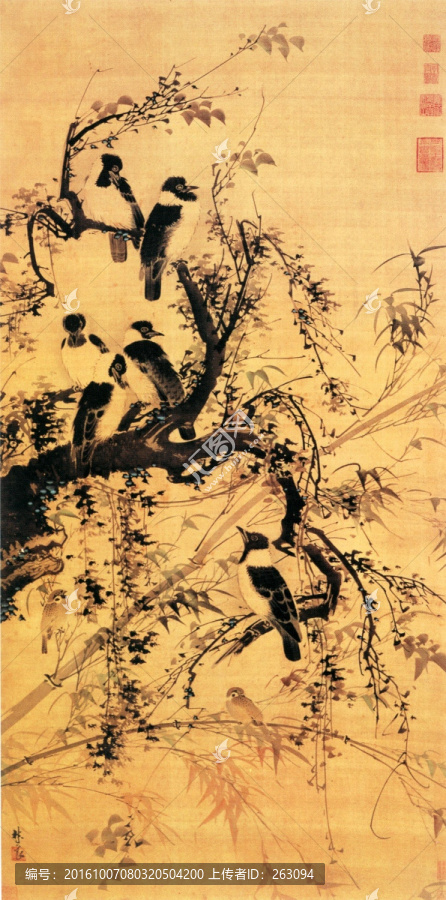 林良,秋林聚禽圖
