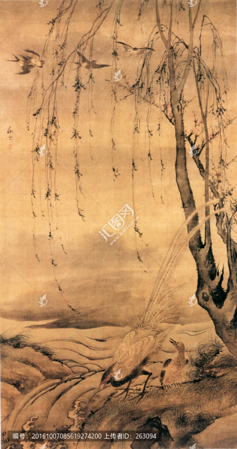 柳禽白鷴圖,汪肇