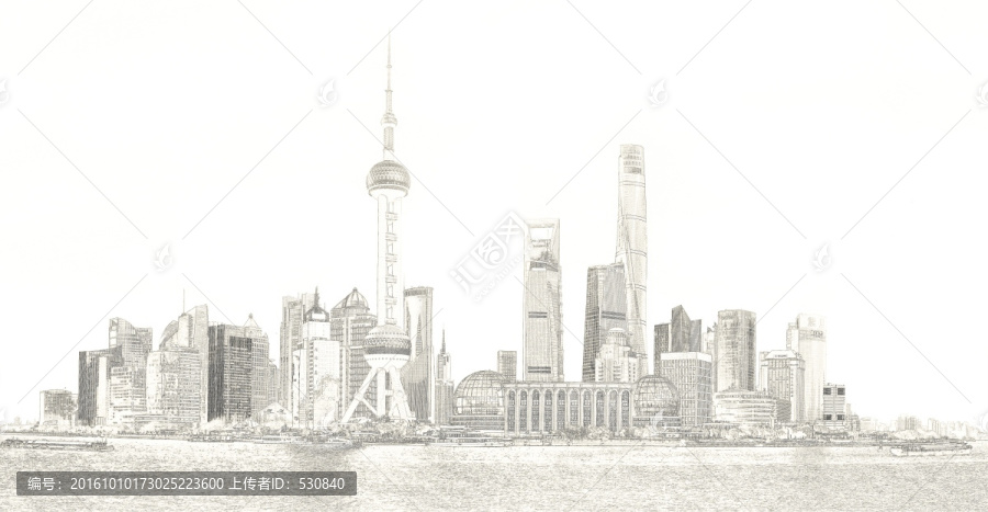 上海外灘全景線描,大畫幅