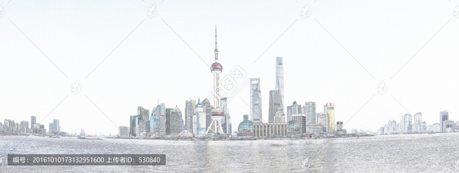 上海外灘全景線描,大畫幅