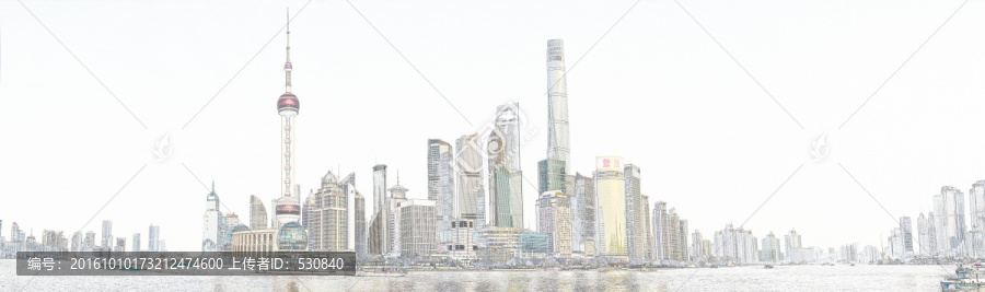 上海外灘全景線描,大畫幅