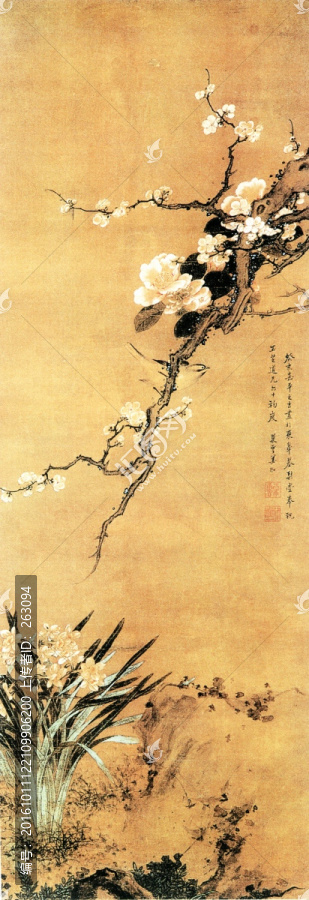 姜泓,水仙茶梅圖