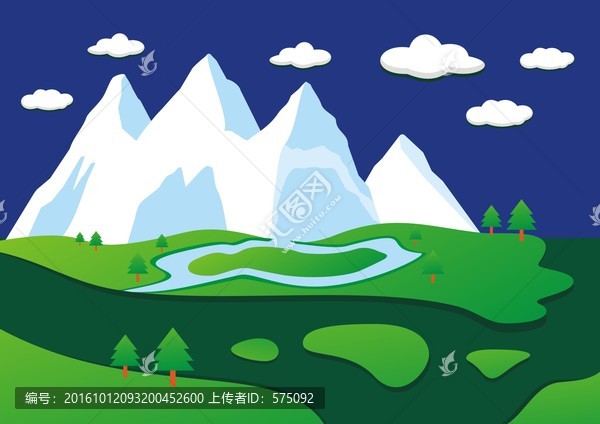 雪山草地河流湖泊瀑布風(fēng)景插畫