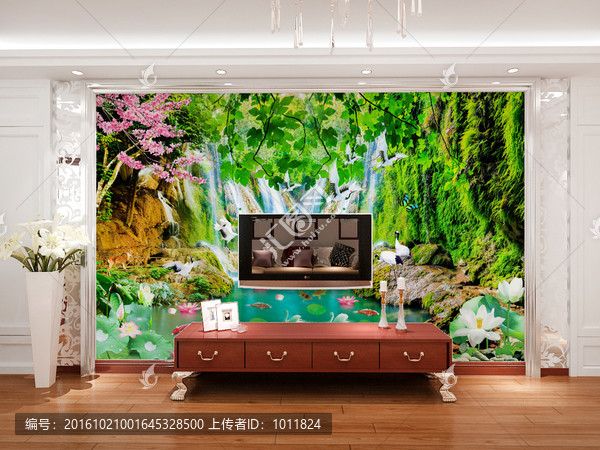 魚戲荷蓮高山流水圖